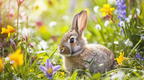 A delightful image capturing the charm of Easter with a fluffy bunny surrounded by spring flowers.