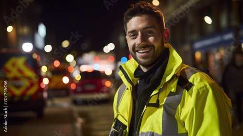 Joyful paramedic portrait reflecting commitment to lifesaving in ambulance background