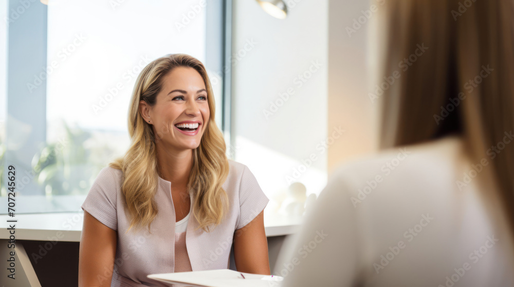 Cheerful nutritionist discussing dietary plans committed to promoting healthy lifestyles Cheerful nutritionist discussing dietary plans committed to promoting healthy lifestyles