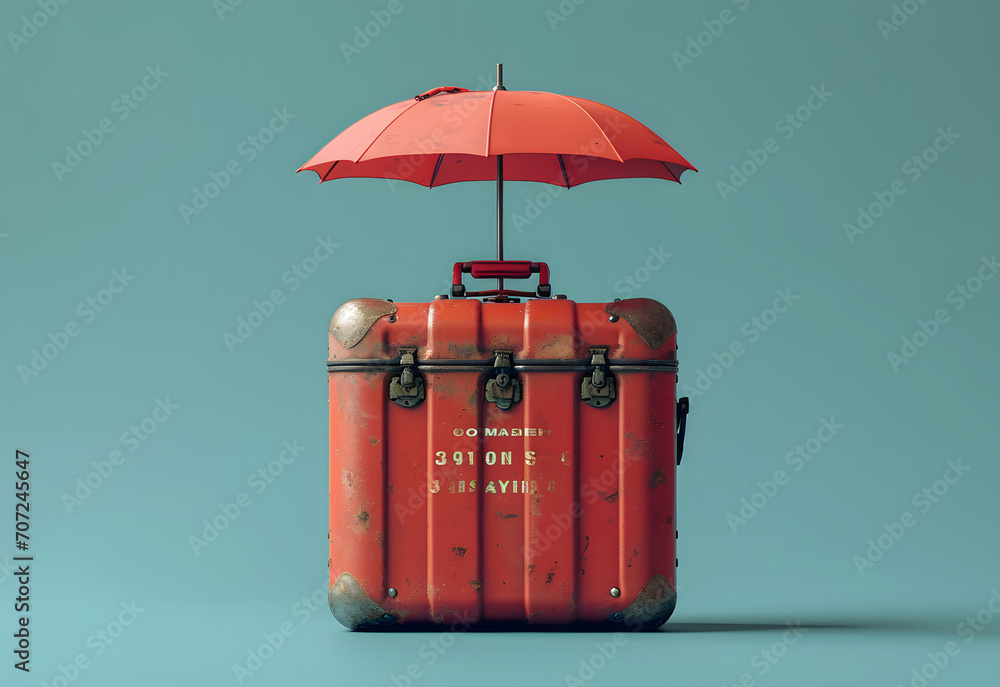Vintage red suitcase with a red umbrella on top against a teal background, concept for travel and protection. - obrazy, fototapety, plakaty 