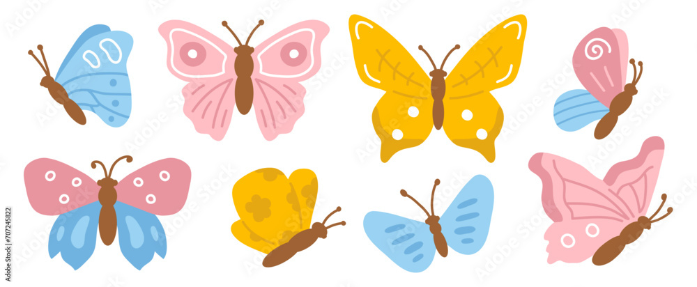 Fototapeta premium Vector illustration set of cute butterflies for digital stamp,greeting card,sticker,icon,design