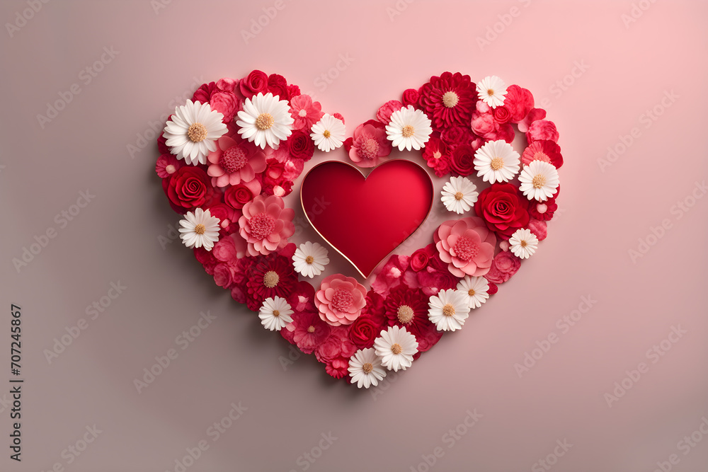 Beautiful Colorful Flowers heart shape background. colorful  flowers wall art,Valentine's day concept,ai generative,