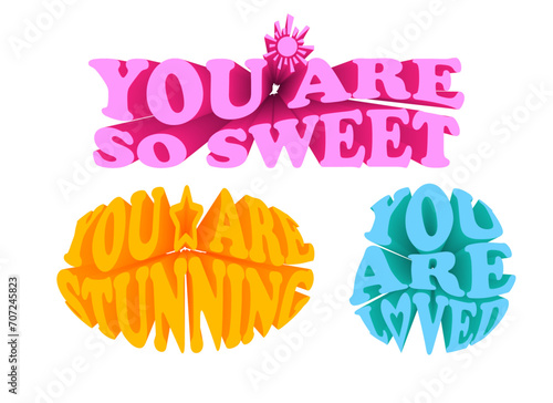 Set of 3D compliment phrases, self love quotes. Vector illustration