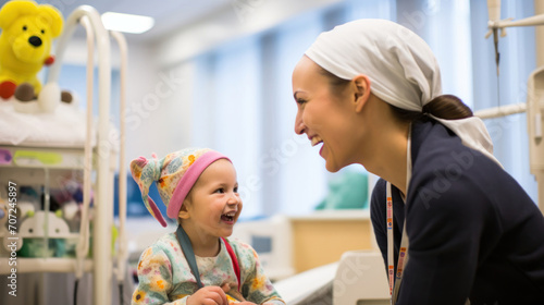 Compassionate pediatric cancer doctor offering warmth in child patient care photo