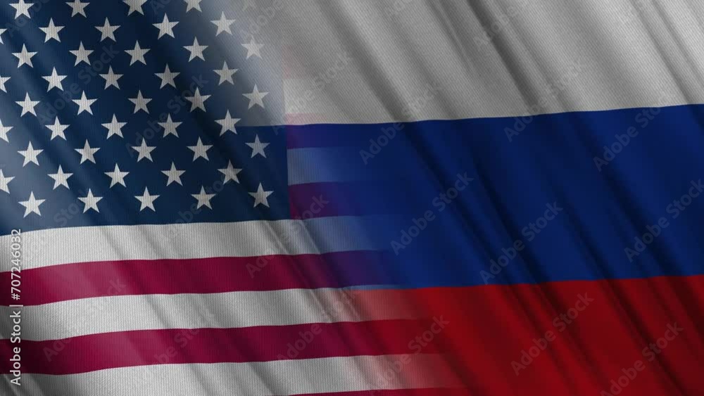 Russia and United States of America Flag Wave Loop Waving in Wind. Russian and American flag Slow Motion Russia and United States of America Flag Wave Loop Waving in Wind. Russian and American flag Slow Motion