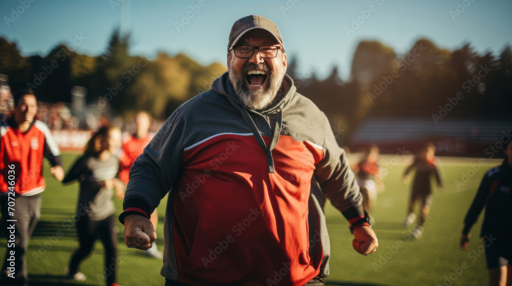 Fototapeta premium PE instructor on sports field encouraging teamwork and sportsmanship in students