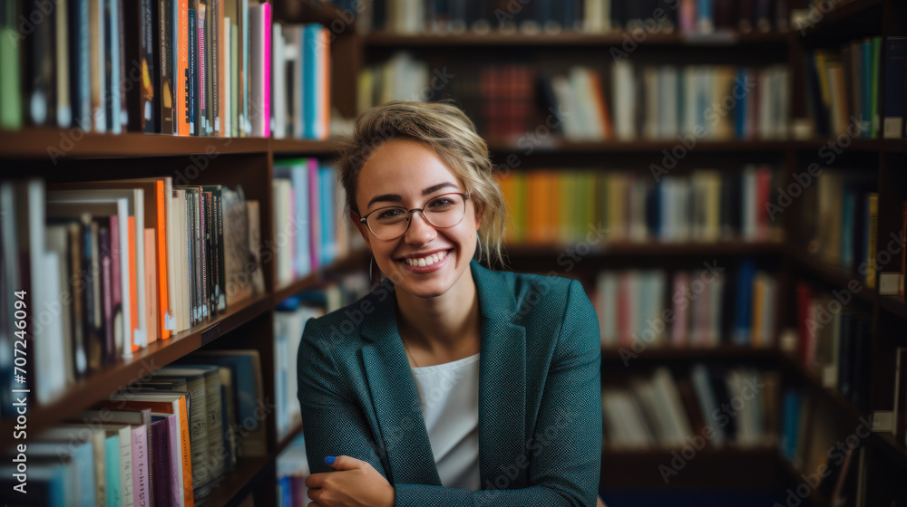 Welcoming librarian in cozy school library fostering a love for reading in students Welcoming librarian in cozy school library fostering a love for reading in students