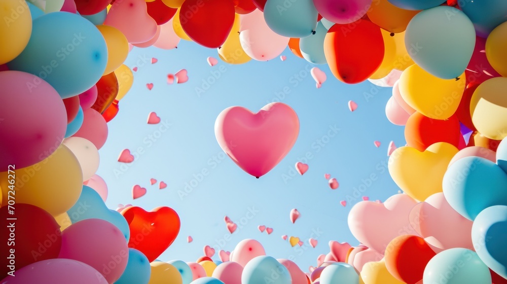 A whimsical display of heart-shaped balloons in various shades.