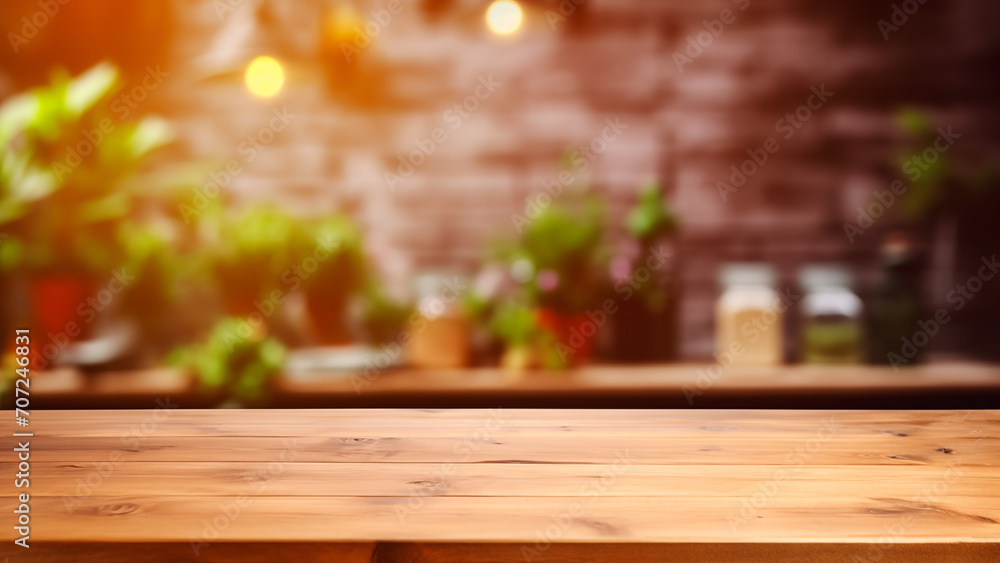 Empty wooden table in front kitchen background, product display