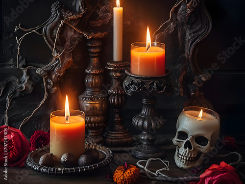 home decor with burning candles, horror theme