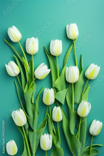 Spring tulip flowers on emerald background top view in flat lay style  © GalleryGlider