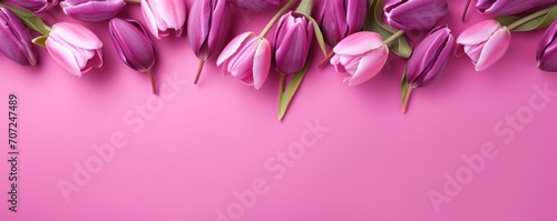 Spring tulip flowers on fuchsia background top view in flat lay style 
