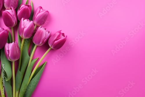 Spring tulip flowers on fuchsia background top view in flat lay style  © GalleryGlider