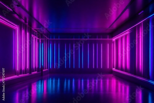 Empty room with abstract neon lighting  casting vibrant hues of pink  blue  and purple across the walls and floor  