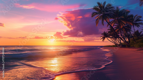 Serene Pink Beach Sunset with Tranquil Sea, Palm Trees and Golden Sky