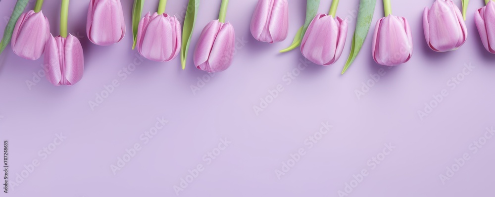 Spring tulip flowers on lilac background top view in flat lay style