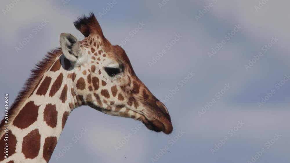 Close up of a reticulated giraffe's (Giraffa reticulata) head as it is walking during the afternoon in Kenya. Close up of a reticulated giraffe's (Giraffa reticulata) head as it is walking during the afternoon in Kenya.