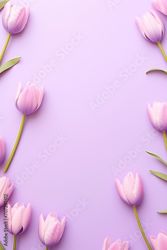 Spring tulip flowers on lilac background top view in flat lay style