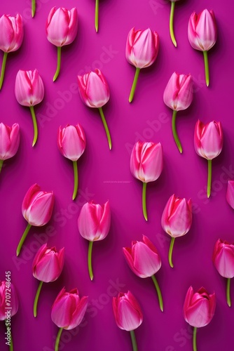 Spring tulip flowers on magenta background top view in flat lay style 