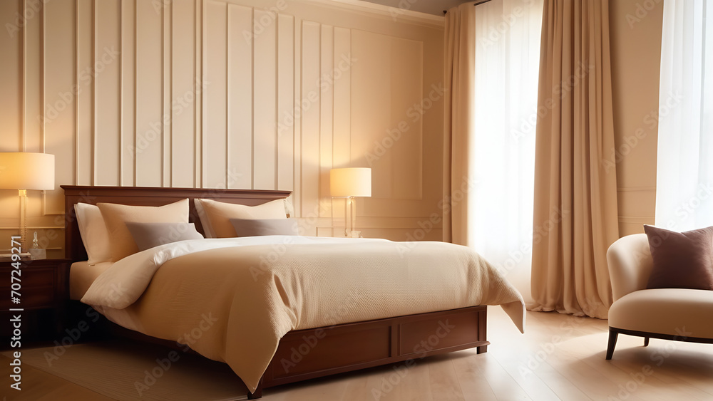 Light modern beige interior with big bed of bedroom Light modern beige interior with big bed of bedroom