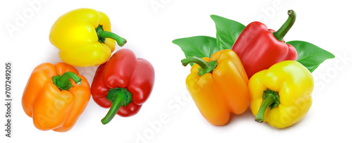 yellow orange and red sweet bell pepper isolated on white background. Top view. Flat lay