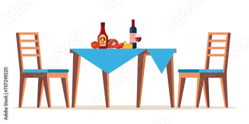 Summer picnic table covered with a tablecloth. Food on the table for family barbecue, picnic, grill party. Vector illustration.