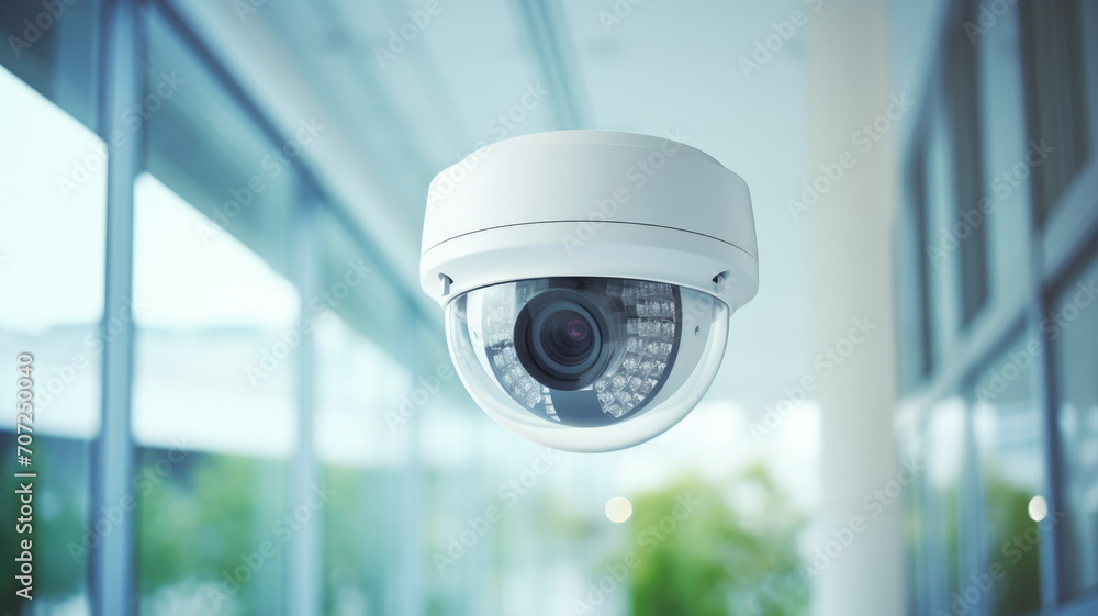 High tech CCTV security camera on wall for indoor security and crime prevention High tech CCTV security camera on wall for indoor security and crime prevention