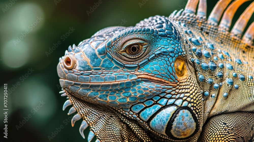 Fototapeta premium Detailed Image of a Green Iguana Highlighting Its Textured Skin and Calm Gaze