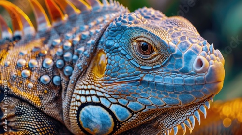 Close-Up of a Blue Iguana with Intricate Scales and Spikes