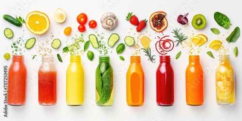 Freshly Made Vegetable and Fruit Juices with Ingredients on White Background