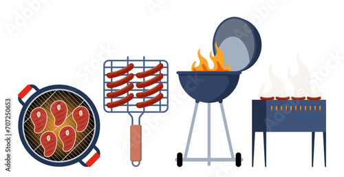 Barbecue equipment. Charcoal and gas kettle BBQ grill equipment different type for meat and sausages cooking outdoor. Home or restaurant appliance. Vector illustration.