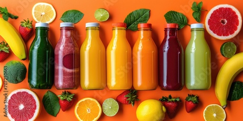 Vibrant Bottles of Fruit and Vegetable Juices with Ingredients on Orange