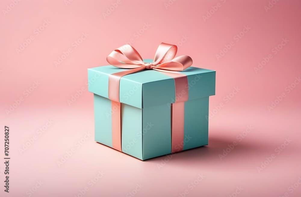 Blue square gift box with a pink bow in the center on a pastel pink background close-up Blue square gift box with a pink bow in the center on a pastel pink background close-up