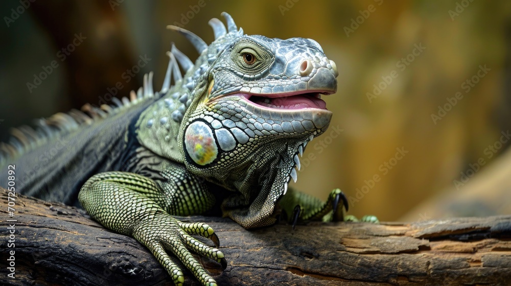 Portrait of an Iguana on a Log in Natural Habitat