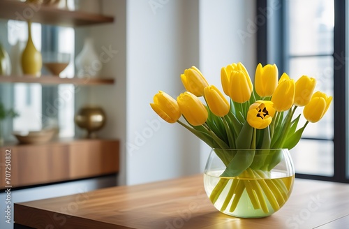 A bouquet of yellow tulips in a transparent vase stands on the table on the right, in the background is a modern bright interior, soft light from the window