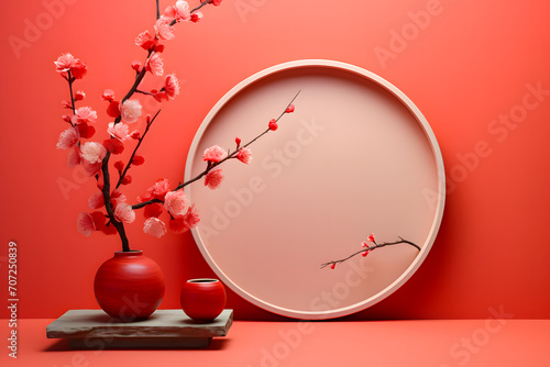 product display podium with cherry blossom flowers in vase with round frame on red background