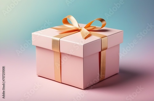 Pink gift box with a gold bow on a pink and blue pastel background in the center of the frame, close-up © Ольга Волкова