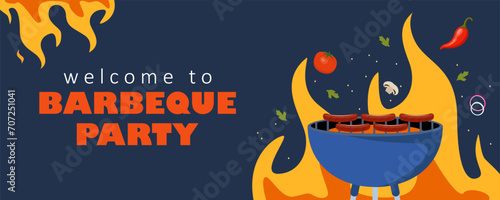 Barbeque party invitation card or poster template with grill food flyer. Vector illustration.