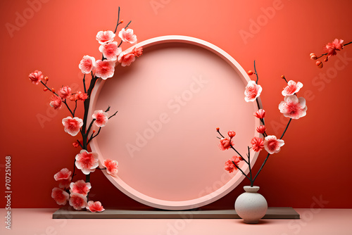 product display podium with cherry blossom flowers in vase with round frame on red background