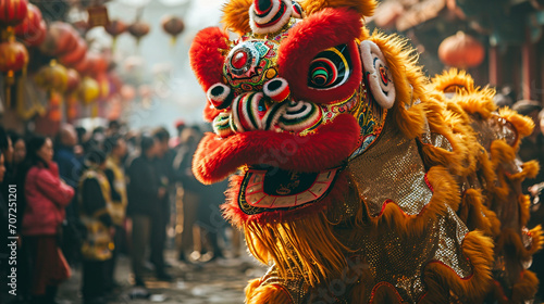 A traditional lion dance performance with colorful lions leaping and twirling amid a sea of spectators.