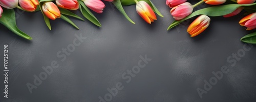Spring tulip flowers on pewter background top view in flat lay style 