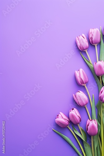 Spring tulip flowers on purple background top view in flat lay style 