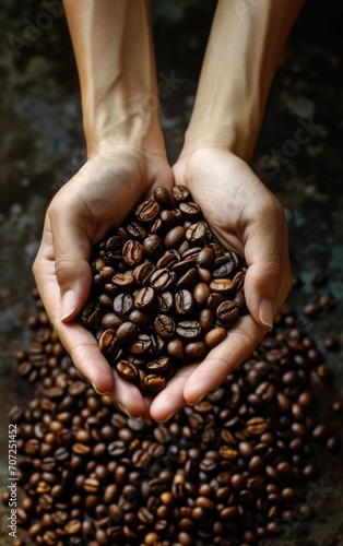 Fresh Roasted Coffee Beans Held in Cupped Hands  Top View