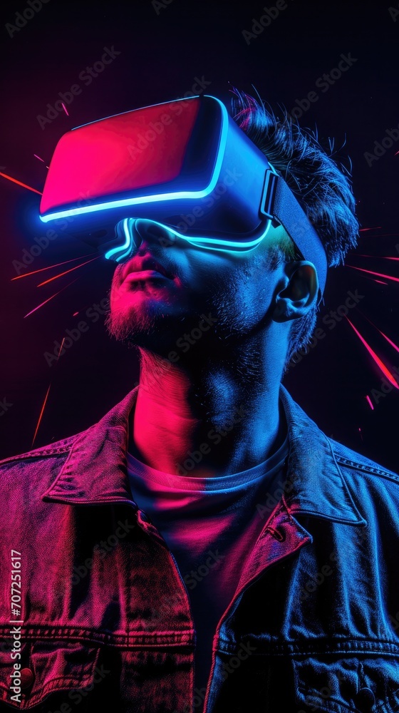 A man with vr glasses in neon and black colors A man with vr glasses in neon and black colors