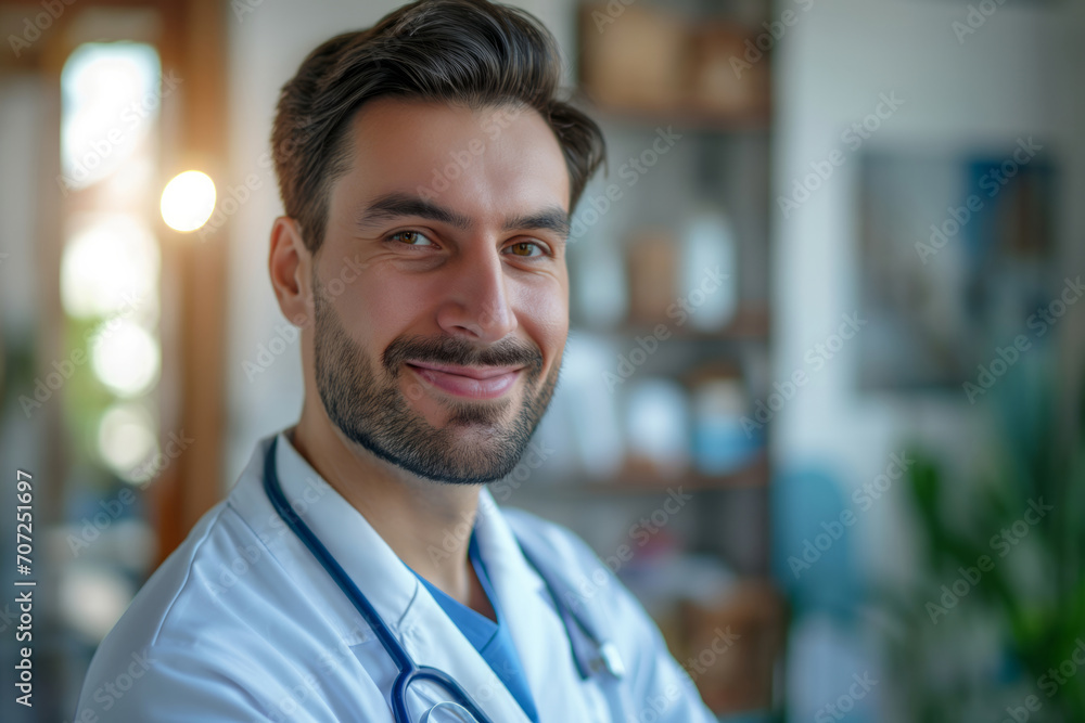 Close up portrait of male doctor in hospital. Smiling caucasian doctor Close up portrait of male doctor in hospital. Smiling caucasian doctor