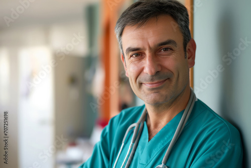 Close up portrait of male doctor in hospital. Smiling caucasian doctor