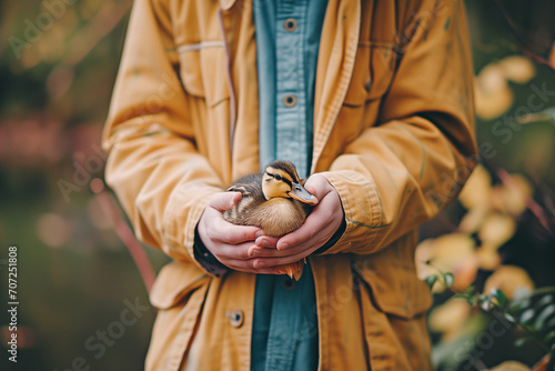 Pessoa segurando um filhote de pato com as mãos photo
