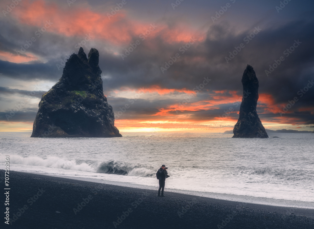 Aerial Reynisfjara Black Sand Beach with Photographer