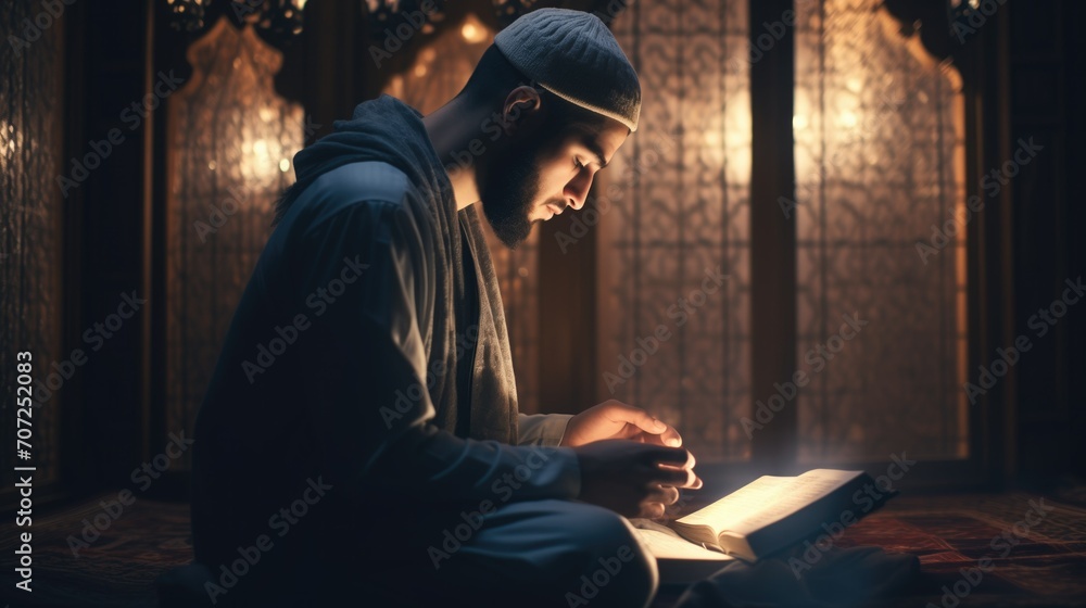 A Muslim man in peaceful prayer, reading the Quran during the holy month of Ramadan in a softly lit room A Muslim man in peaceful prayer, reading the Quran during the holy month of Ramadan in a softly lit room