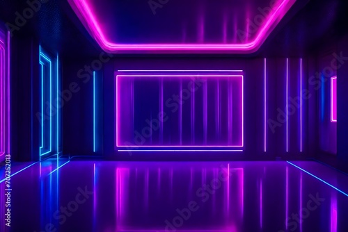 Empty room with abstract neon lighting  casting vibrant hues of pink  blue  and purple across the walls and floor  